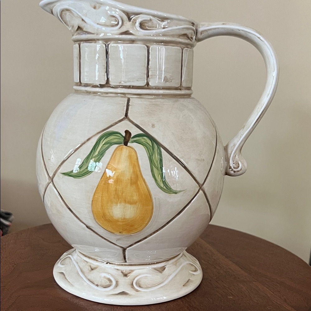 American Atelier Cream and Yellow Pear & Grapes Ceramic Pitcher-EC